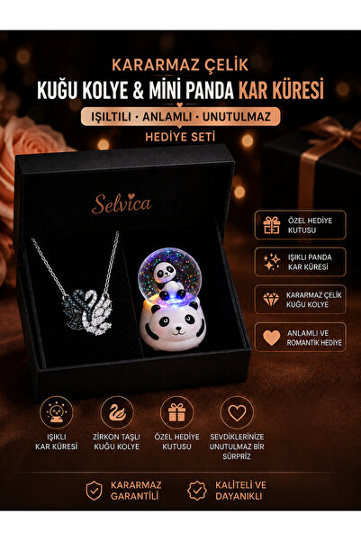 Selvica Kararmaz Çelik Siyah-Beyaz Swan Kuğu Kolye ve Mini Işıklı Panda Kar K...