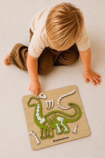 Store Ahşap Dinozor Puzzle Bul Tak Oyuncak Brachiosaurus İskelet 3+ Yaş Eğiti...