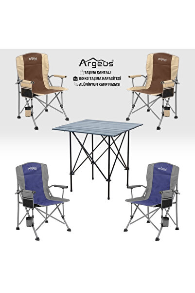 ARGEUS 4 Adet Katlanır Kamp Sandalyesi ve Alüminyum Masa Seti - Rustic Dark -...