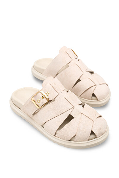 Bak Store Beige Suede Women's Slippers with Orthopedic Sole and Gold Buckle