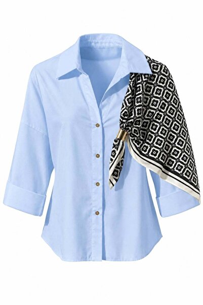 Miss Poem Women's Blue Scarf Detailed Shirt