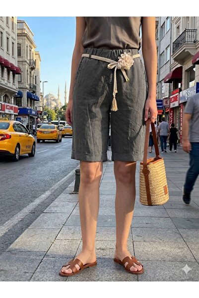 AYASOFYA OTANTIK Kadın İtalyan Füme Beli Lastikli Çiçekli Hasır Kemerli Bermu...
