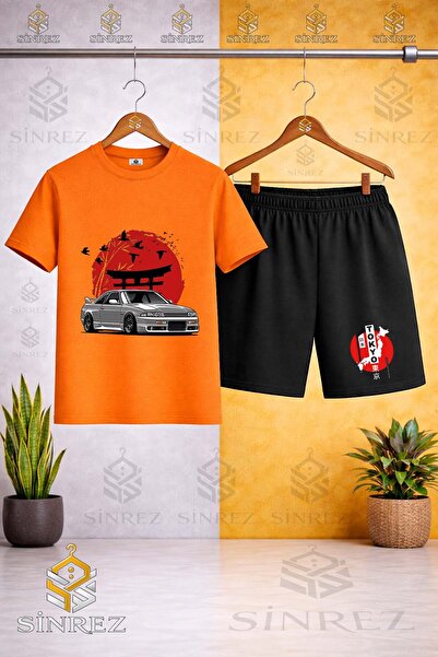 SİNREZ Crew Neck Car Tokyo Red Circle Onunde Printed T-Shirt - Shorts Set