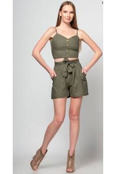 FIRST STYLE Turkish Oil Green High Waist Off-Shoulder Shorts Set with Buttons...