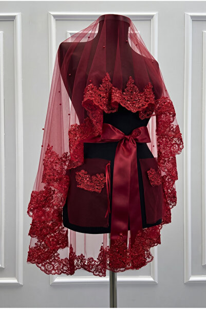 ZEYMERADE Burgundy Bridal Veil Set, Sparkling Lace and Pearl Decorated Henna ...