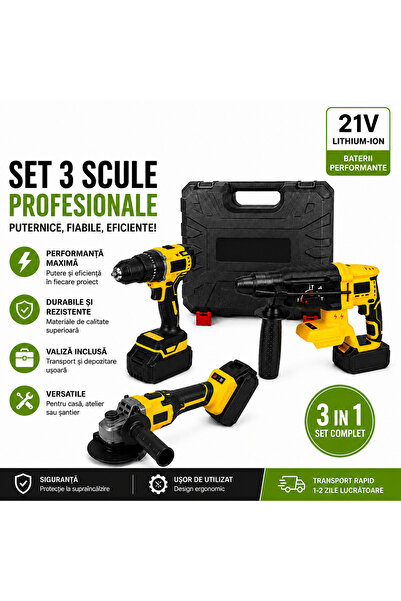Tenzo Set de scule 3-în-1 cu baterie de 21 V, ciocan rotopercutor, polizor și...