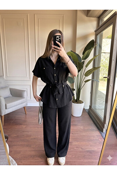 Alyalisbutik Linen Suit with Gold Buttons - Black