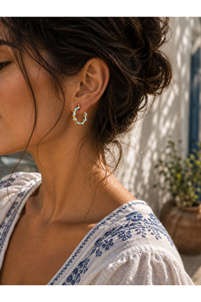 POYASE Double Face Detailed Evil Eye Beaded Hoop Earrings Light Gold Blue Sto...