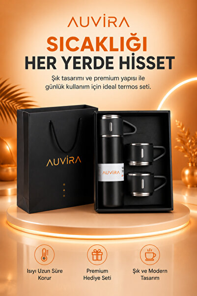 Auvira Çelik Vakumlu Termos ve 3 Bardak Seti 500 ml Hediye Kutulu