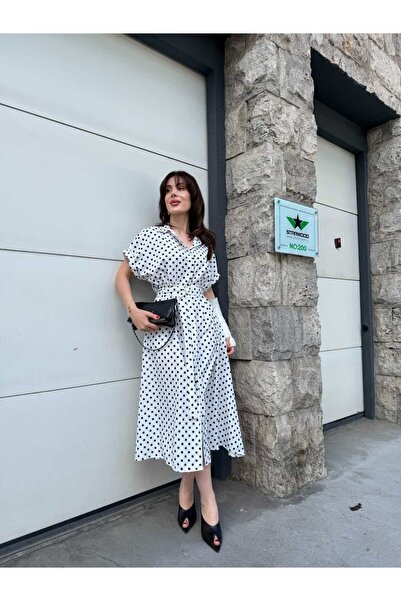 YK FASHION Puantiyeli Kemerli Elbise