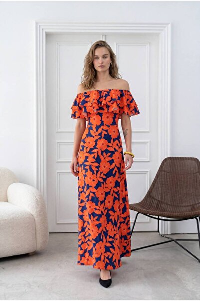 Auroveen Madonna Collar Orange Floral Patterned Maxi Length Dress Av1630