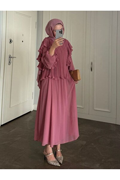 Sara Deluxe طقم بلوزة وتنورة من الشيفون الفاخر بتفاصيل مكشكشة ومطرزة