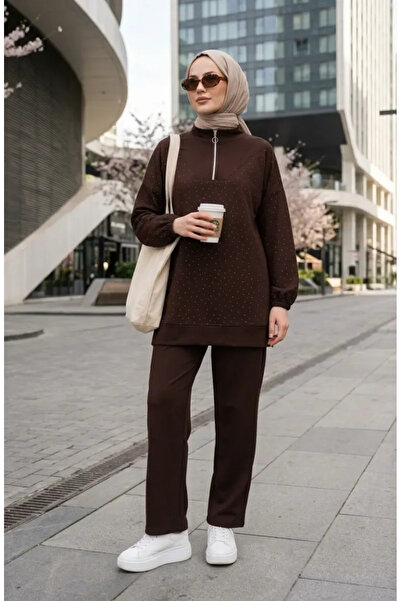 sefamerve Oysho Fabric Stone Zippered Tunic Pants Double Set 0282-03 Brown