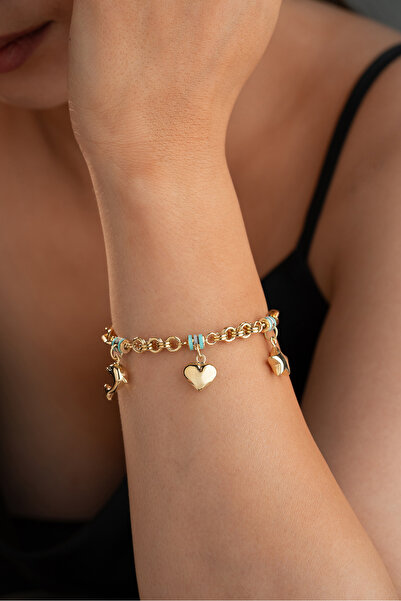 Silvano Jewelry 925 Ayar Gümüş Kalpli Yıldızlı Yunuslu Charm Hallow Bileklik