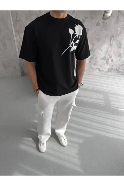 Generic Brand Men's Short Sleeve T-Shirt Crew Neck Rose Printed Oversize T-Sh...