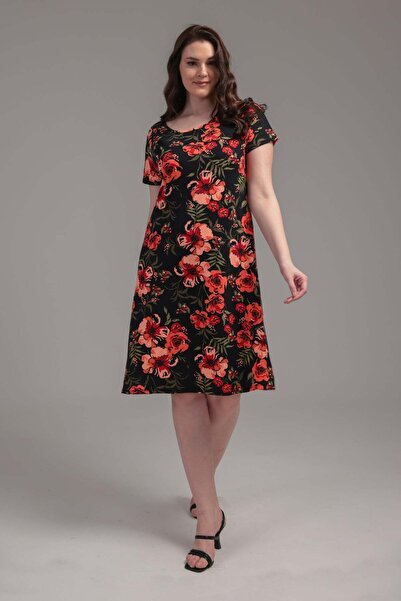 Madwilo Women's Black Orange Floral Pattern Plus Size Stretchy Midi Dress