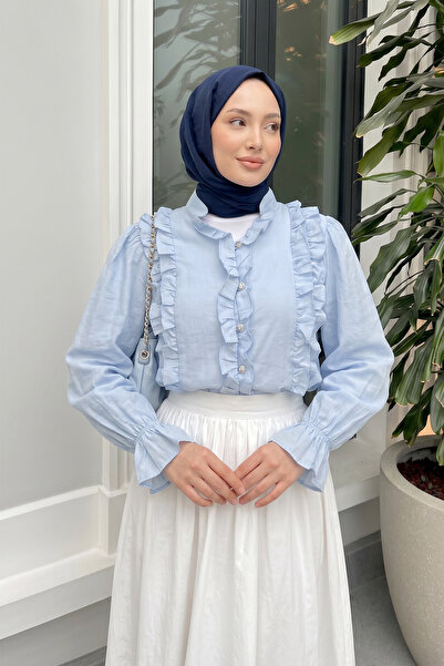 Salih Çelebi Striped Ruffled Buttoned Shirt Y0096 - Baby Blue