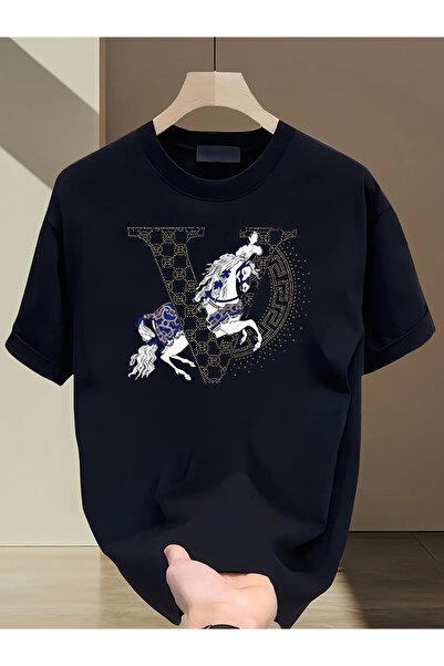 YIO YIO قميص رجالي ثقيل الوزن من القطن الخالص مع تصميم مطبوع على شكل حرف "V"