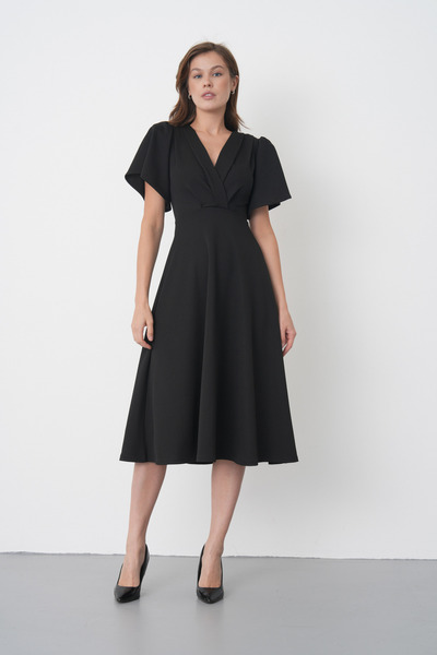 WOMAN VISION Black Crepe Fabric Double Breasted Collar Shoulder Padded Midi D...