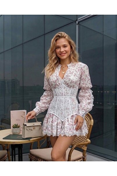 LOKADI Rochie corset cu șireturi și imprimeu floral Rochie mini cu mâneci buf...