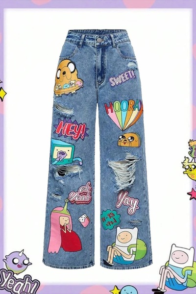 ARS Butik Vintage Adventure Time Character Printed Baggy Blue Jeans