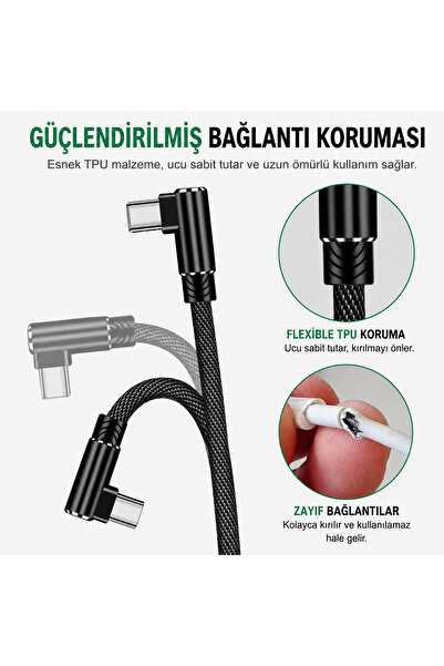 qasul 90° L Tipi USB to Type-C Şarj Kablosu Dayanıklı Naylon Örgülü Kablo 1 Metre 2,1 A
