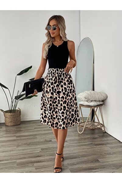JANES Women's Strappy Round Neck Viscose Blouse and Leopard Patterned Buttone...