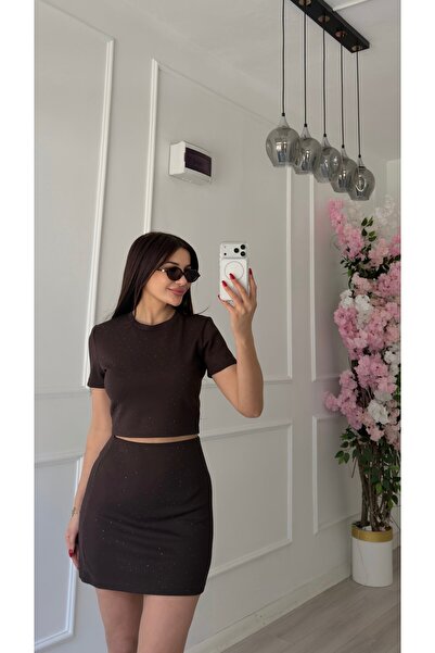 Daves Bitter Brown Glitter Crop Skirt Set