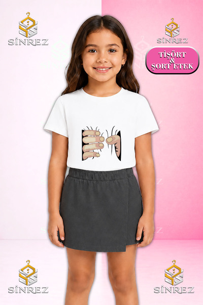 SİNREZ Girl's Set El Siyahtan Cikan Printed Short Sleeve T-Shirt Shorts Skirt