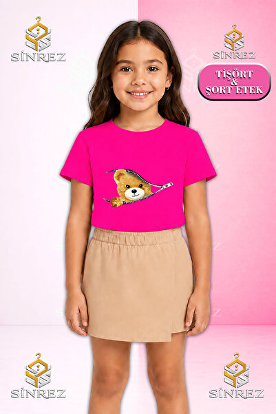 SİNREZ Girl's Set: Bear Print Half-Zip Short Sleeve T-Shirt, Shorts, Skirt