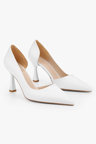Shoeberry Women's Lucas White Skin Asymmetrical Cut Heeled Shoes Stiletto