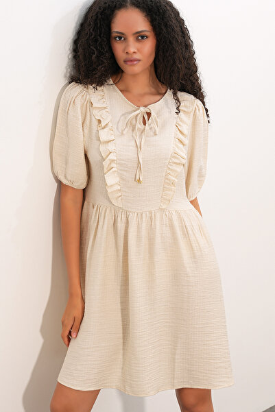 Bigdart Women's Tie Collar Short Sleeve Gathered Dress 2600 - Cream