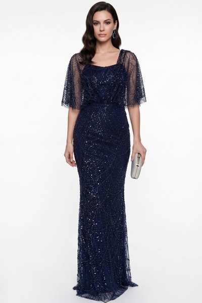 Lafaba Women's Navy Blue Cape Detailed Long Beaded Evening Dress