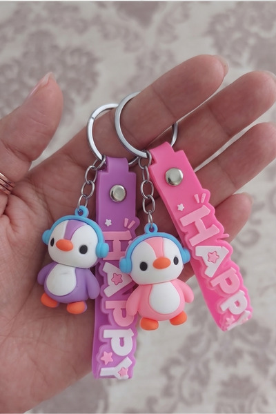 Birmem Sevimli Kulaklıklı Penguen Figürlü İkili Anahtarlık Seti - Happy Tasar...