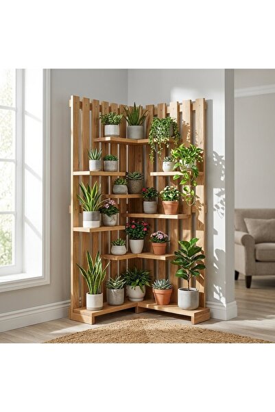 Ev dekka WoodDesign Çok Katlı Ahşap Köşe Çiçeklik Saksılık Ve Dekoratif Raf M...