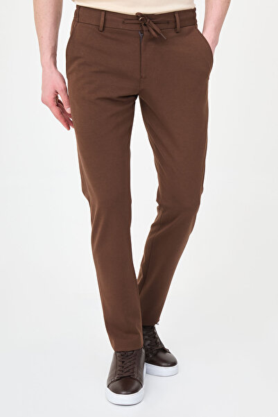 Mcr Striped Super Slim Fit Elastic Waist Drawstring Men's Trousers Brown - 38...