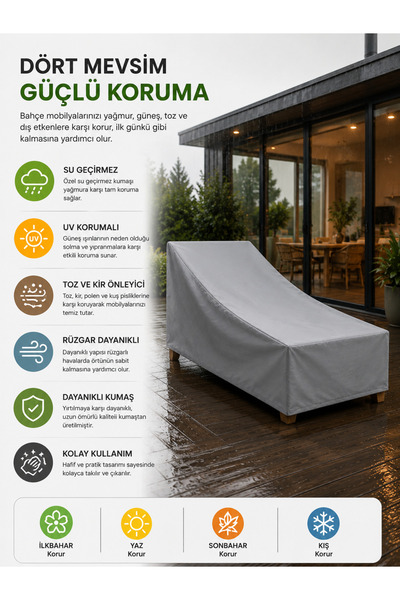 COCEM 200x80x45 cm Şezlong Koruma Brandası Su Geçirmez UV Korumalı Dış Mekan Kılıfı