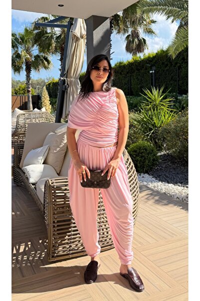HARMONY GLOBAL Women's Pink Draped Asymmetrical Blouse and Shalwar Trousers R...