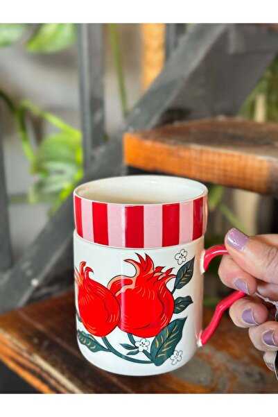 şirineşyalarım Pome Series Porcelain Mug with Red Handle and Lid 300 ml - 1 P...