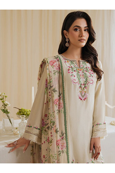MYSMAR Beige Embroidered Pakistani Salwar Kameez with Floral Dupatta - TRNH79...