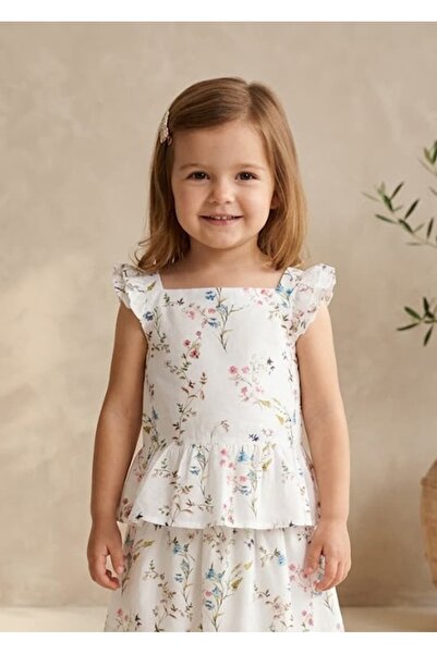 Ozmoz By Mukadder Özden Floral Patterned Ruffle White Summer Little Girl's Bl...