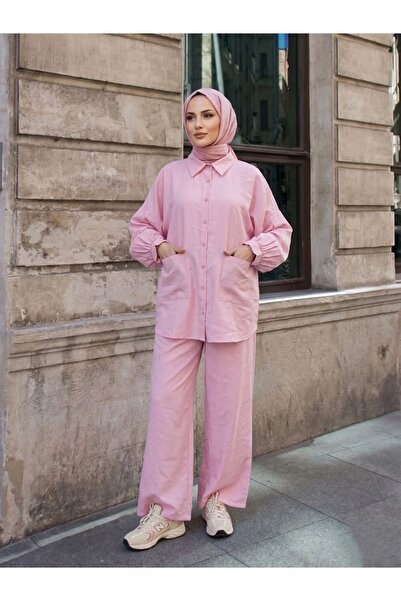 Lunsera Store بدلة بنطلون بتفاصيل جيوب وأكمام مزمومة - وردي