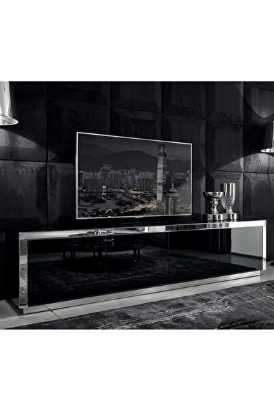 LUXURY VİLLA LUXURY SIYAH CAMLI ÖNÜ GÜMÜŞ AYNALI 4 KAPAKLI TV SEHPASI GENİŞLİ...