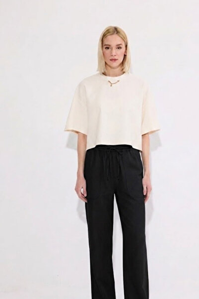 MATERIAL Women's Elastic Waist Wide Leg Black Linen Trousers