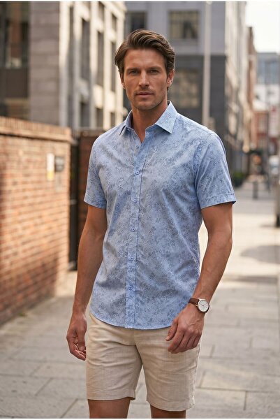 Louis Fabel Short Sleeve Men's Shirt with Floral Pattern and Dots on Blue Bac...