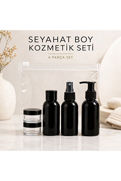 makrobay Seyahat Boy Kozmetik Şişe Seti 100 ML Siyah PET Şişe ve Kavanoz Seti