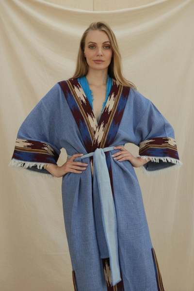 Su Koleksiyon Tarsus Kilim Bordured Woven Kaftan / Blue