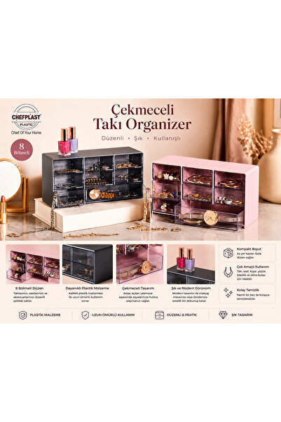 DENAPCAL Çekmeceli Takı Organizeri – 8 Bölmeli Plastik Düzenleyici Kutu