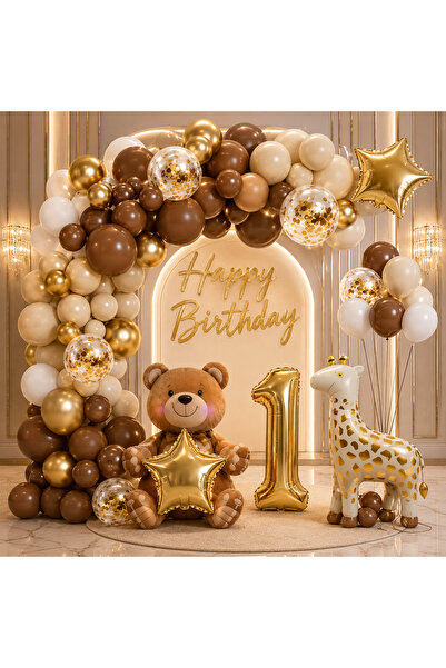 Aspak Kahverengi Oturan ayı Folyo Balonlu Yaş Doğum Günü Balon Seti
