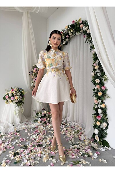 SHIN Butik Vintage Garden Kemer Detaylı Mini Elbise